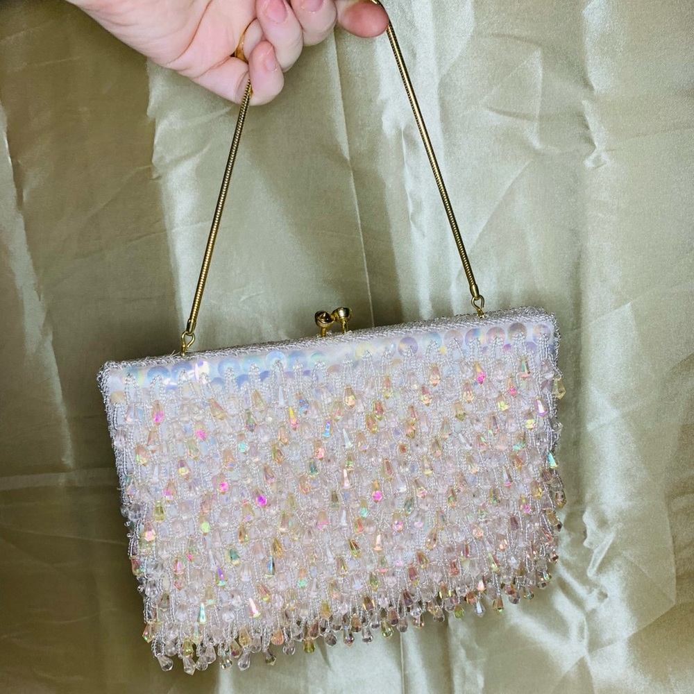 1950s Handmade Square Shaped Sequin/Beaded Handbag With Gold Chain